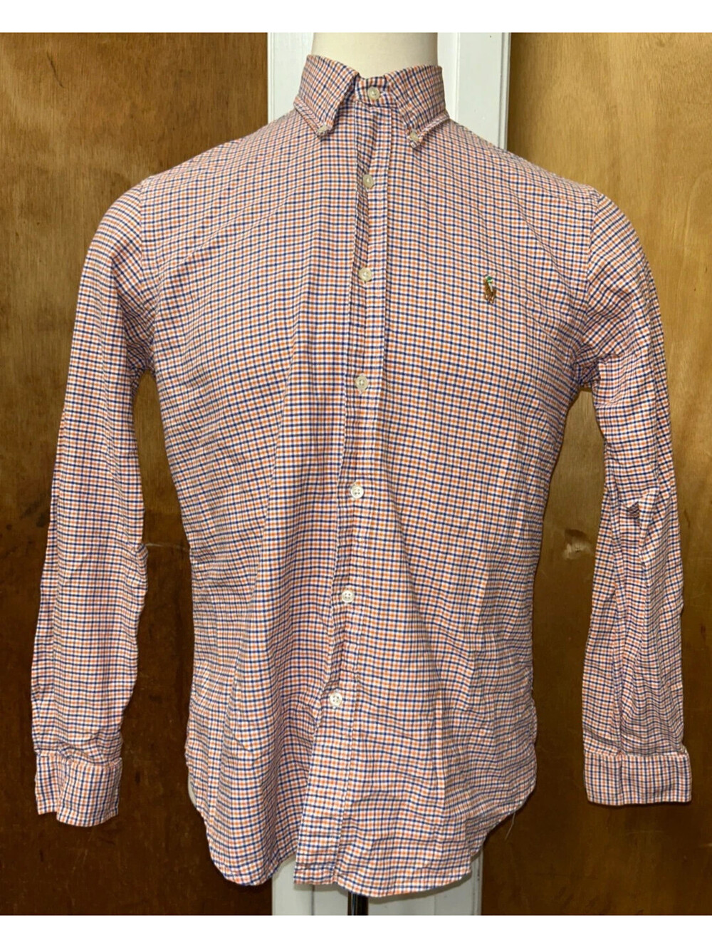 Ralph Lauren Men's Size M Orange Plaid Long Sleeve Polo Button Up Shirt